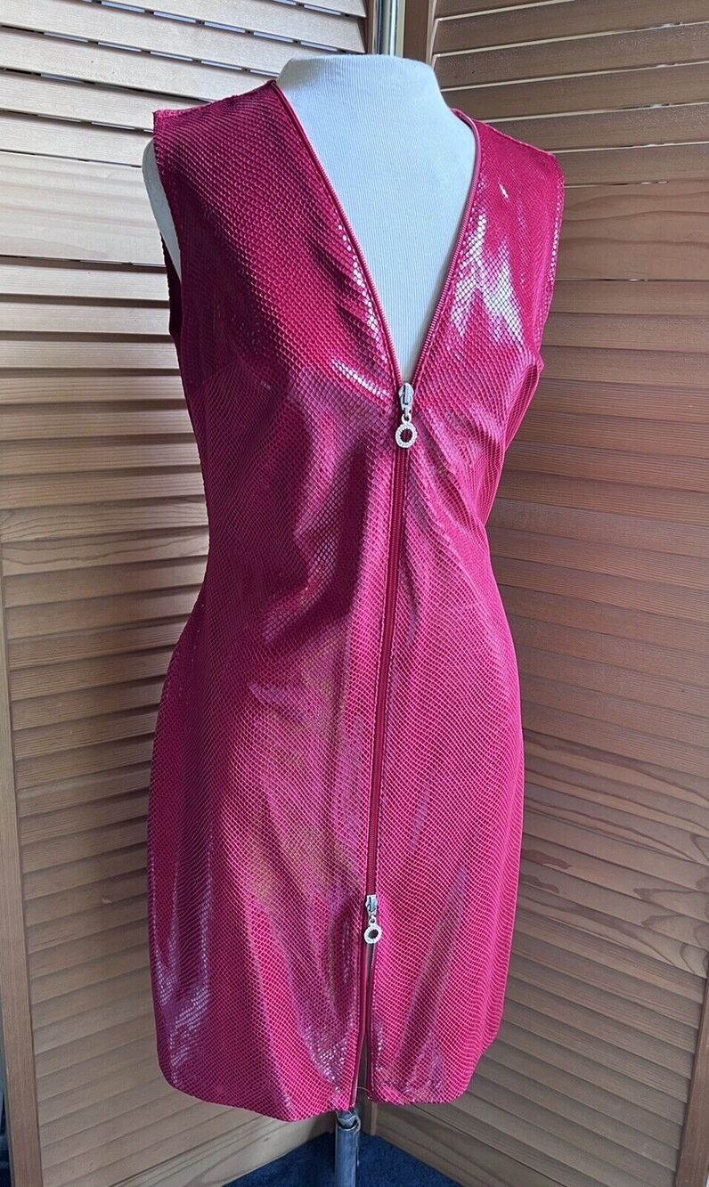 Vintage Caché Red ZIP Front Sexy mini DRESS Python Snake Feel M